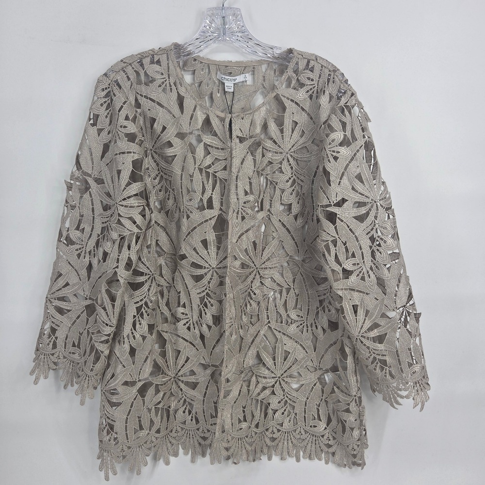 Chico's Travelers Lace Jacket 2 L Smokey Taupe Boho Art-Inspired Floral Guipure